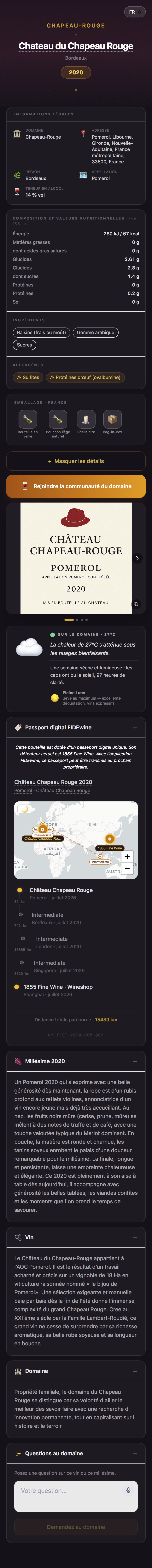 Passeport numérique FIDEwine : informations légales, valeurs nutritionnelles, histoire du domaine et parcours de traçabilité